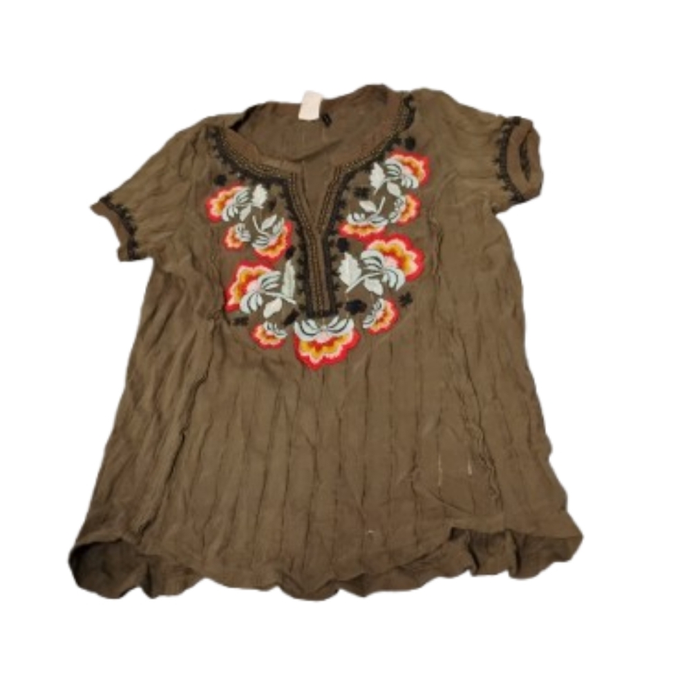 Akemi Kin Anthropologie Dandelion Embroidered Green Top Sz XS